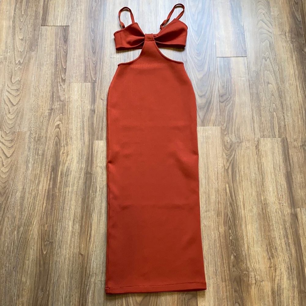 CUT OUT RUST AMBER MIDI DRESS XS - Picture 6 of 13